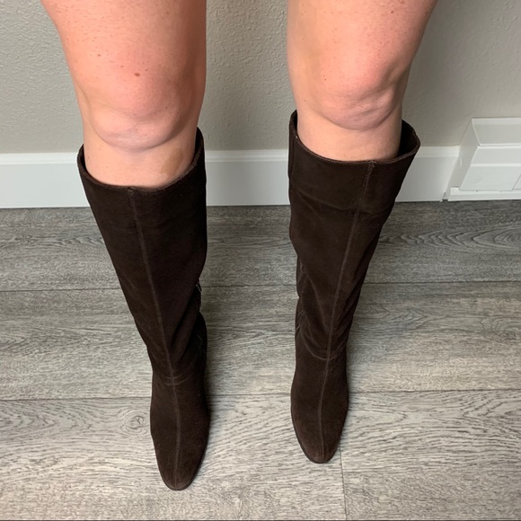 VINTAGE Apostrophe knee high leather boots Sz 7 brown soft suede stacked heel - Picture 2 of 15